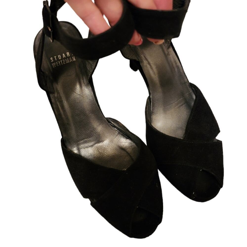 STUART WEITZMAN BLACK STRAPPY SUEDE PEEP TOE HEEL SIZE 8
